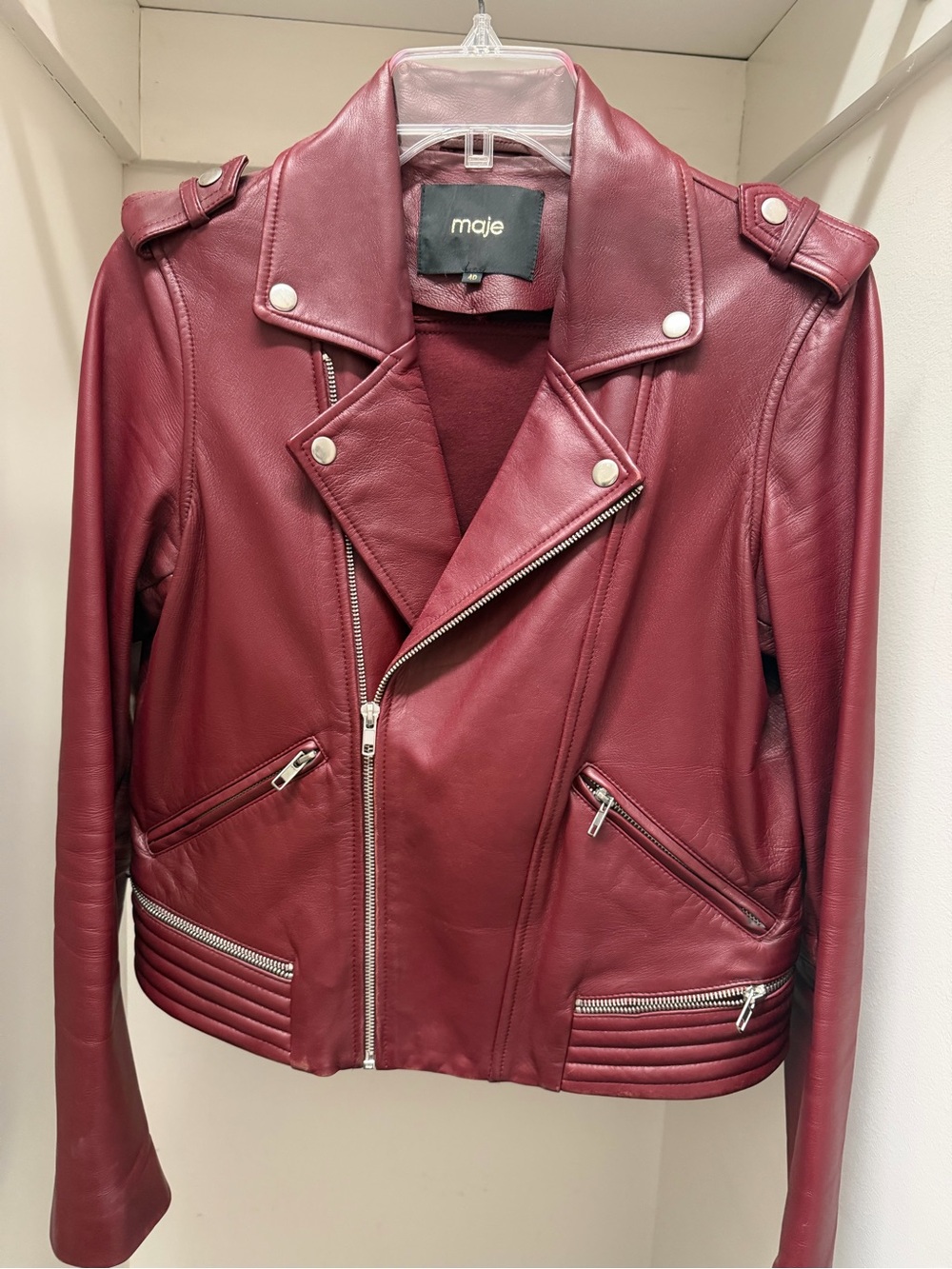 Maje Deep Burgundy Leather Biker Jacket